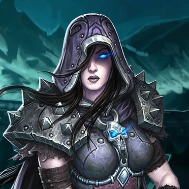 Death Knight: Hooded death knight with a glowing blue eye and dark plate armor