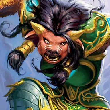 Druid: Druid with tusks and feathers in green and gold armor
