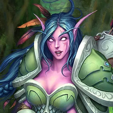 Hunter: Night elf woman with long blue hair and face markings in green armor