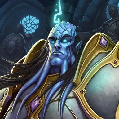 Paladin: Draenei with glowing eyes, a large shield and golden armor