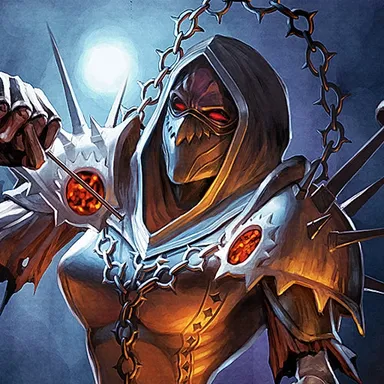 Warlock: Hooded figure with glowing red eyes, chains and spikes