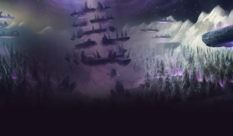 Flying ships above a glowing purple forest