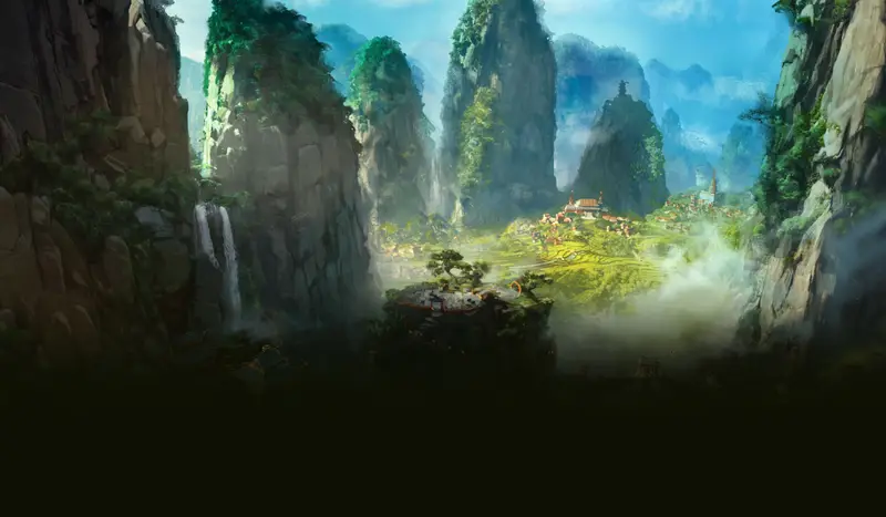 Green valley between steep cliffs in Pandaria