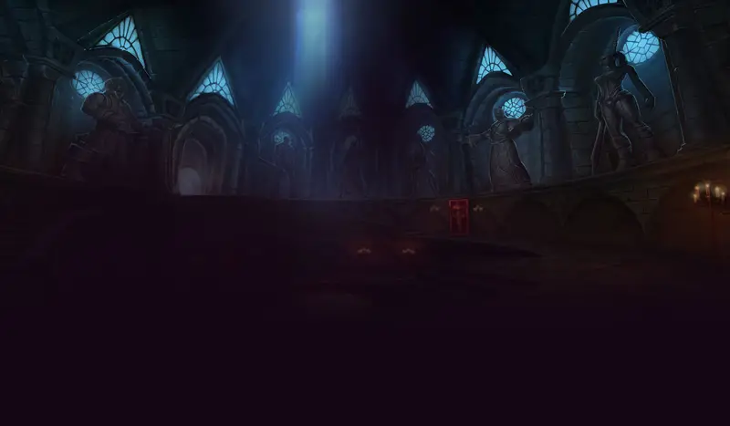 Dark cathedral with tall pointed windows