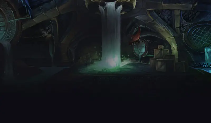 Gloomy vault with a shimmering green waterfall