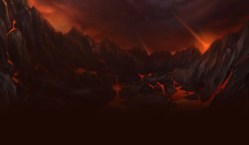 Lava fields under a fiery red sky