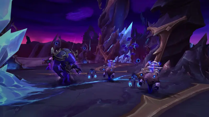 Adventurers fight enemies in a void realm full of purple crystals