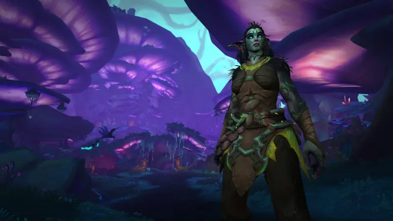 A Haranir stands in front of a purple landscape with giant mushrooms