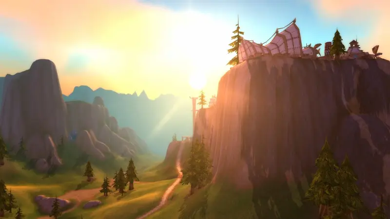 Mulgore in classic Azeroth: green hills and cliffs in the evening light