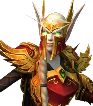 Blood Elf: Blood elf woman with a golden helmet in red and gold armor