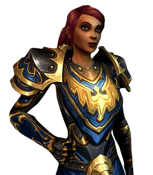 Human: Human woman with red hair in blue and gold armor