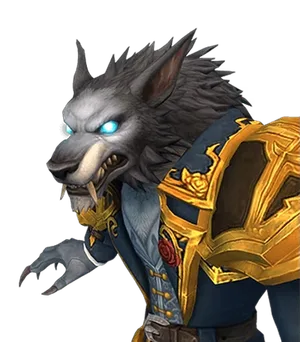 Worgen: Worgen with grey fur in blue and gold armor
